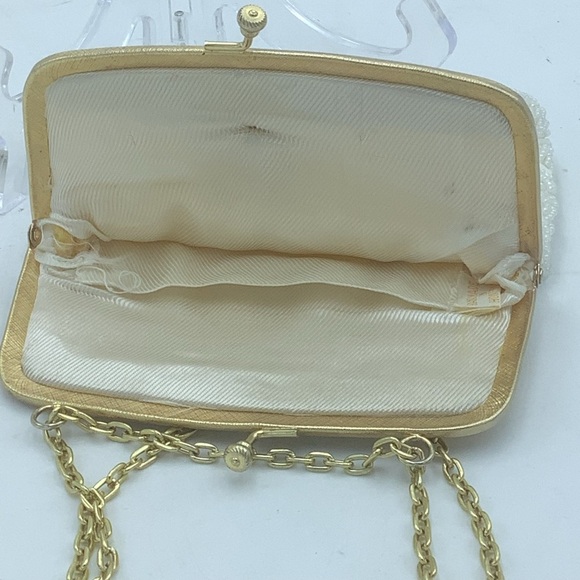 White Beaded Evening Bag with Gold Chain and Bejeweled  Flower - Picture 9 of 14